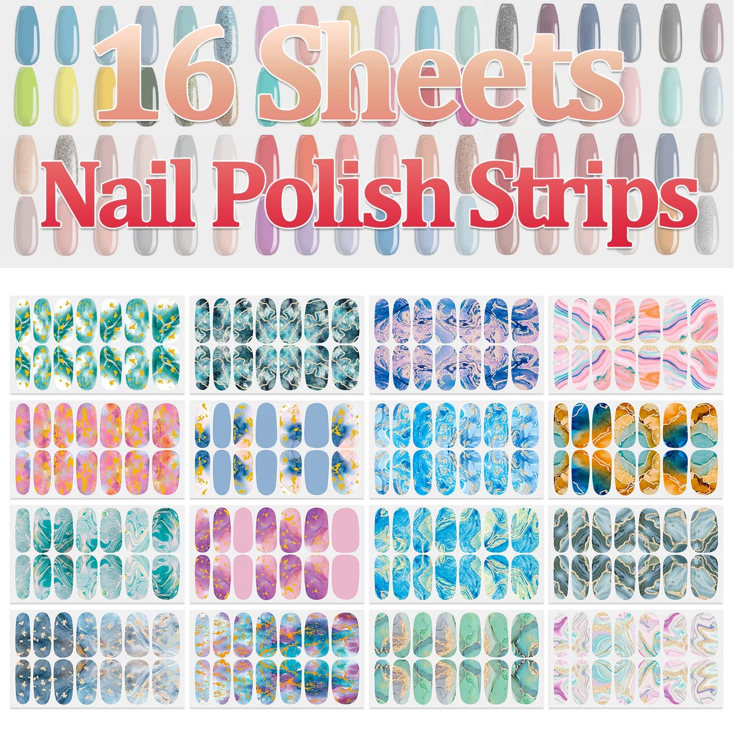 SILPECWEE 16 Sheets Nail Polish Stickers Full Nail Wraps Marble Nail Polish Strips Self Adhesive Gel Nail Strips Fingernails Sticker Nails for Women with 1pc File (Fancy Style)