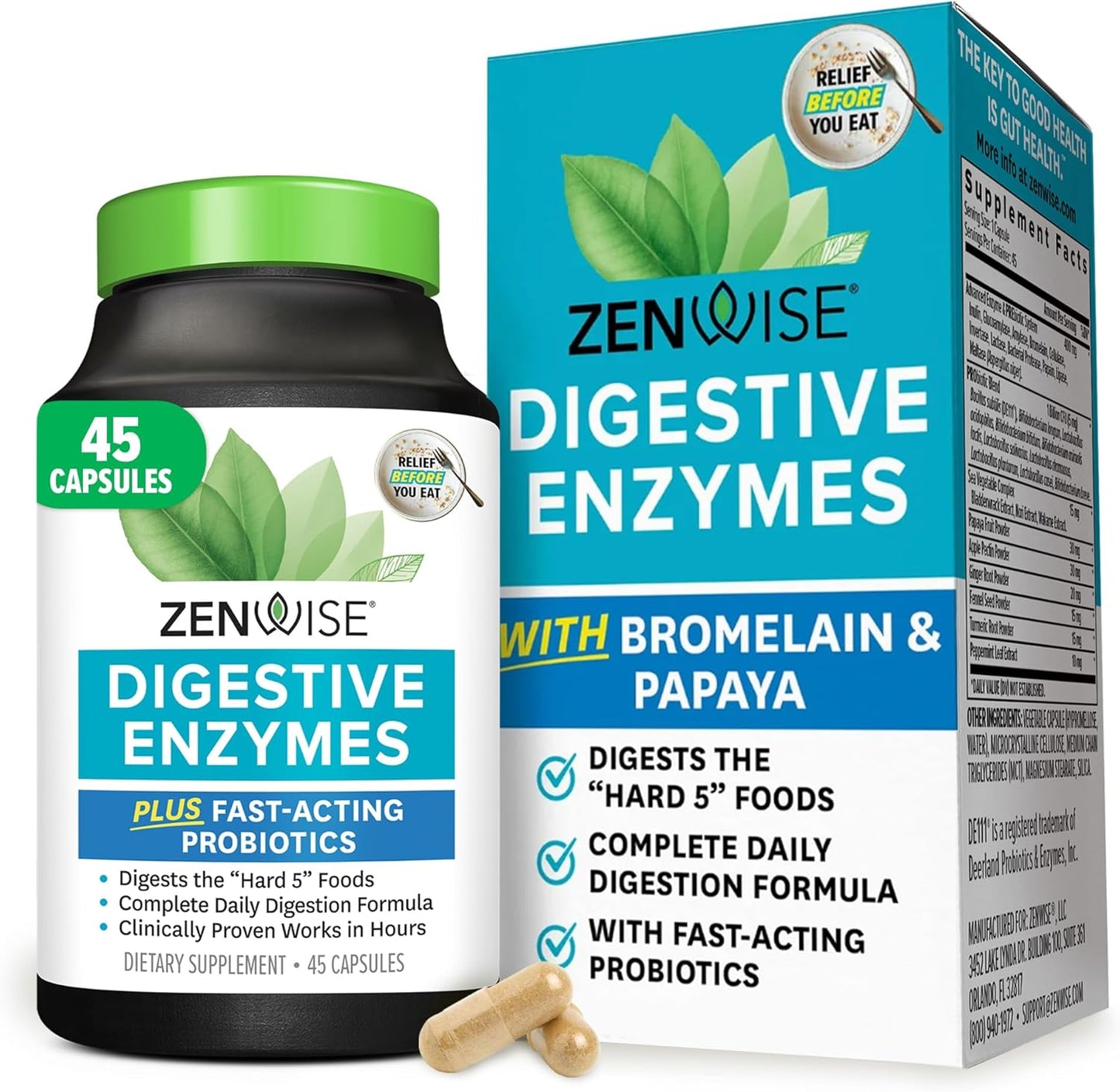Zenwise Health Digestive Enzymes for Gut Health & Bloating Relief - Multi Enzymes Digestion Supplement with Probiotics, Bromelain & Papaya for Digestive Health Support - Men & Women - 45 Count