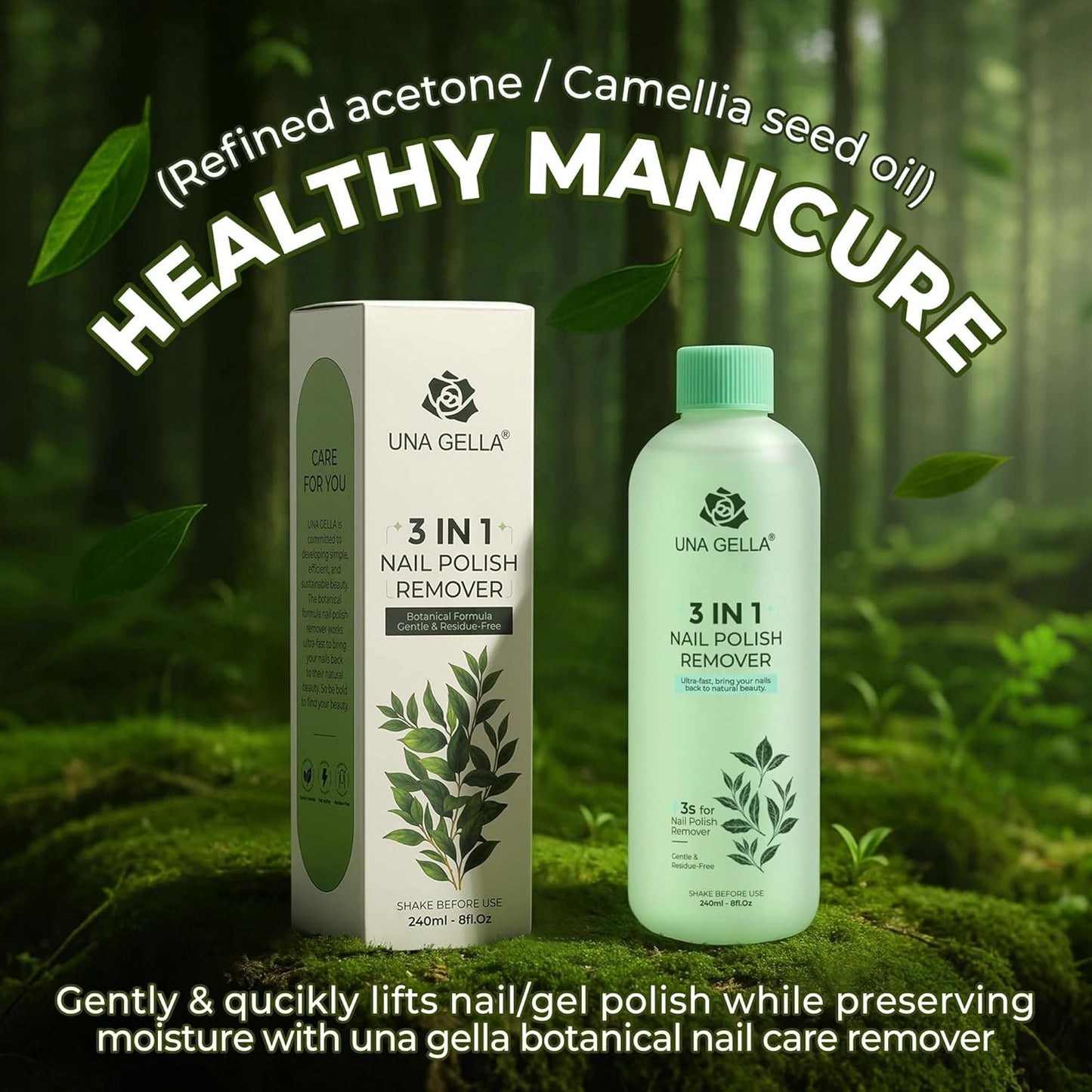 UNA GELLA Nail Polish Remover, Soak Off Acetone Polish Remover For Nails With Easy Use Cap, Healthy Formula Works For Acrylic Nail Glue 8 Fl Oz, Green Tea Scent