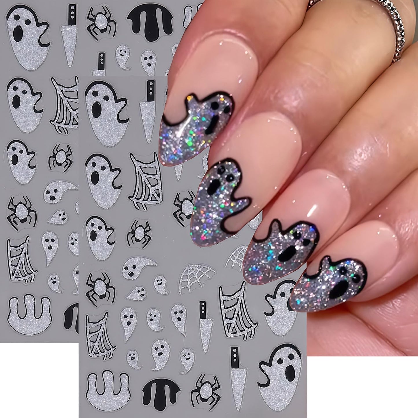 Halloween Nail Art Stickers Spider Web Nail Decals 2 Sheets 3D Self-Adhesive Glitter Spider Ghost Blood Nail Decals Day of Death Nails Stickers Holiday DIY Manicure Decoration Sticker for Women