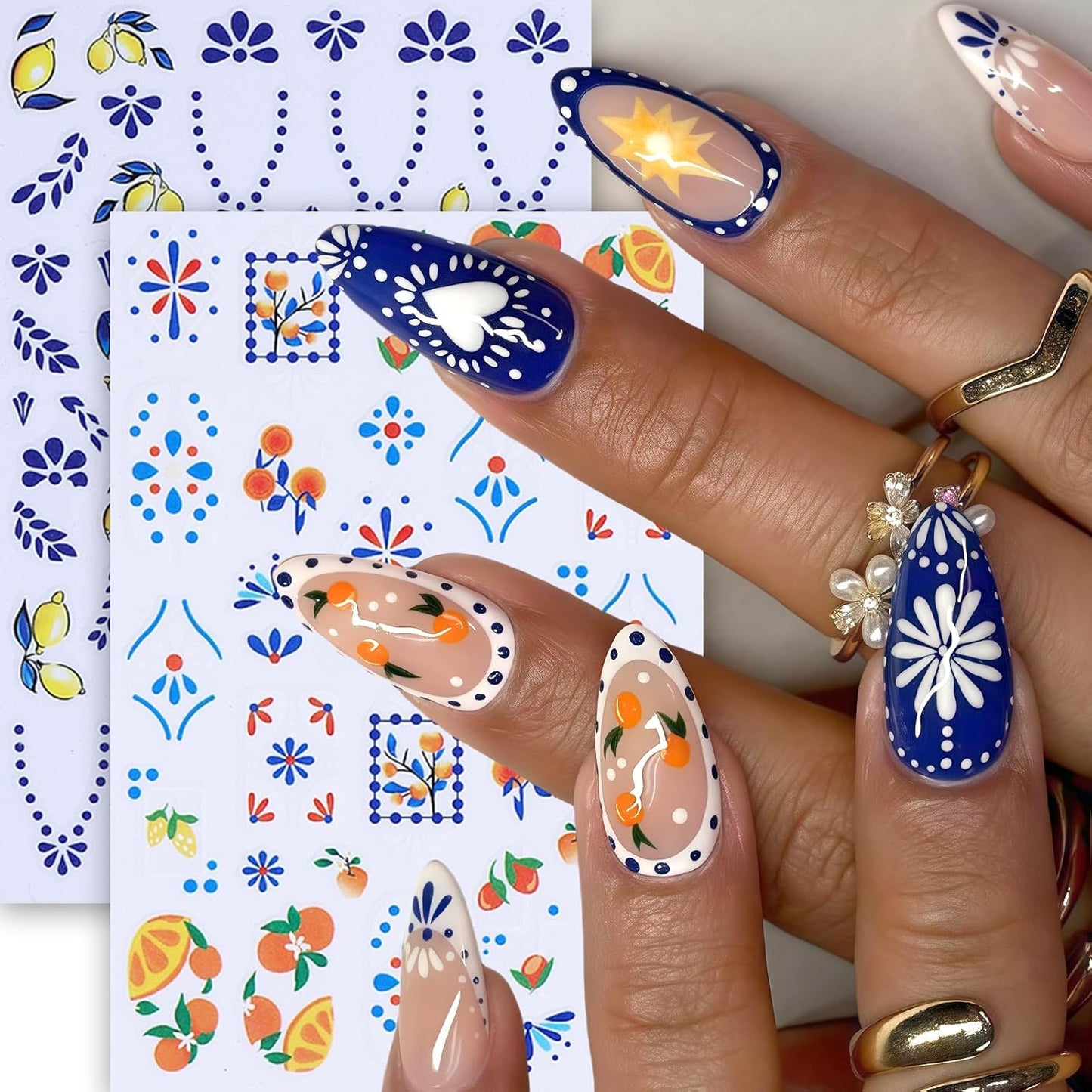 6Pcs Summer Nail Art Stickers 3D Self-Adhesive Orange Lemon Nail Decals Strawberry Blueberry Stickers for Nails Designs Cute Fruit Nail Decor Bohemian French Nail Accessories for DIY Women Manicure