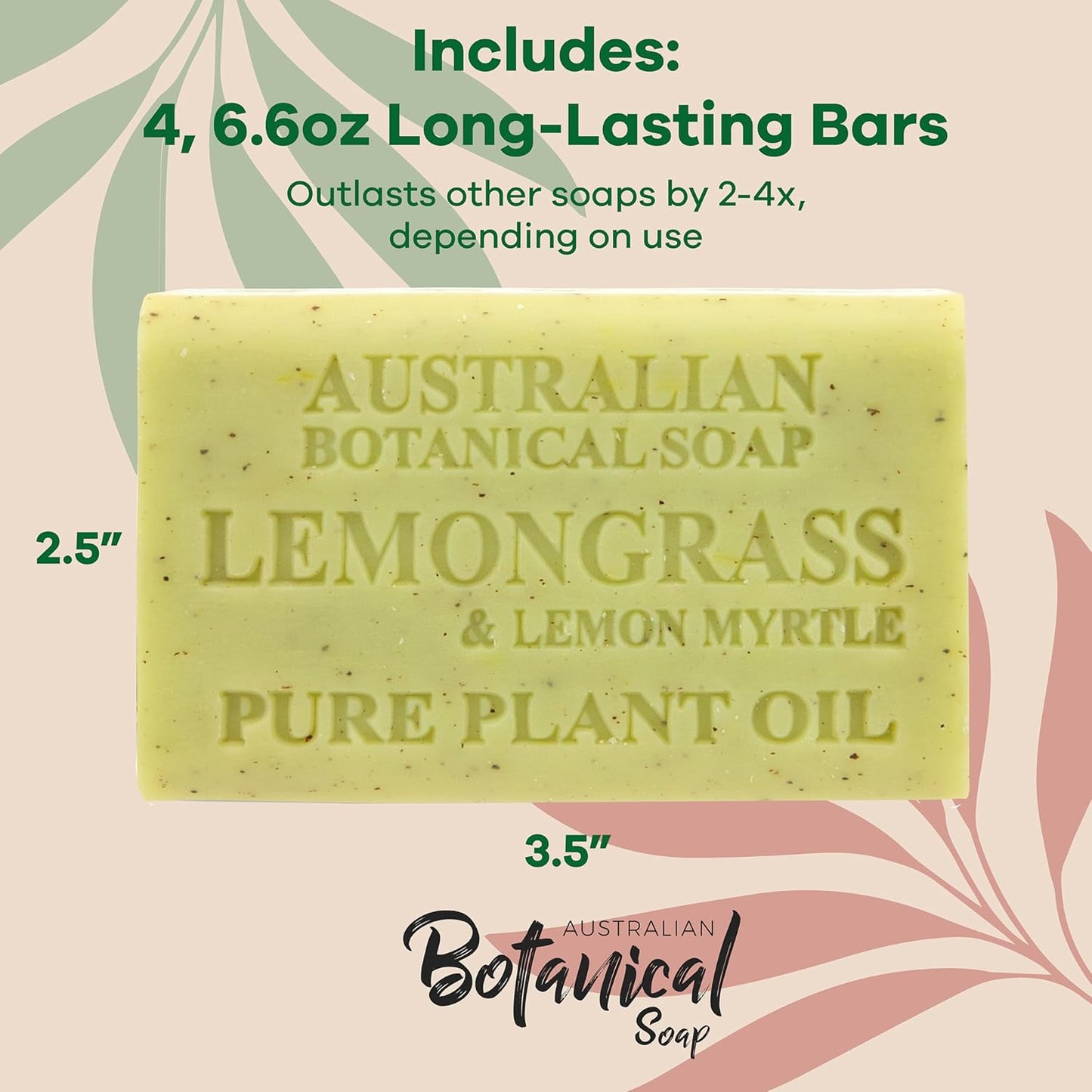 Australian Botanical Soap Lemongrass and Lemon Myrtle 6.6 oz Luxury Soap Bars Enriched with Shea Butter, Pack of 4