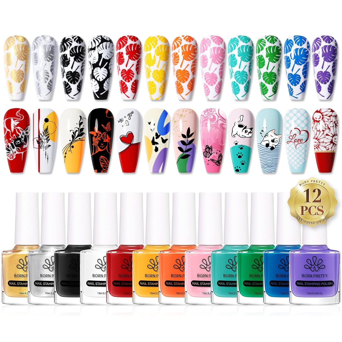 Born Pretty Nail Stamping Polish, Fingernail Stamp Polish Set Manicure Print Nail Polish for Plates 12 Colors Bulk Gift Collection 10ml 0.34fl oz Ideal Gifts