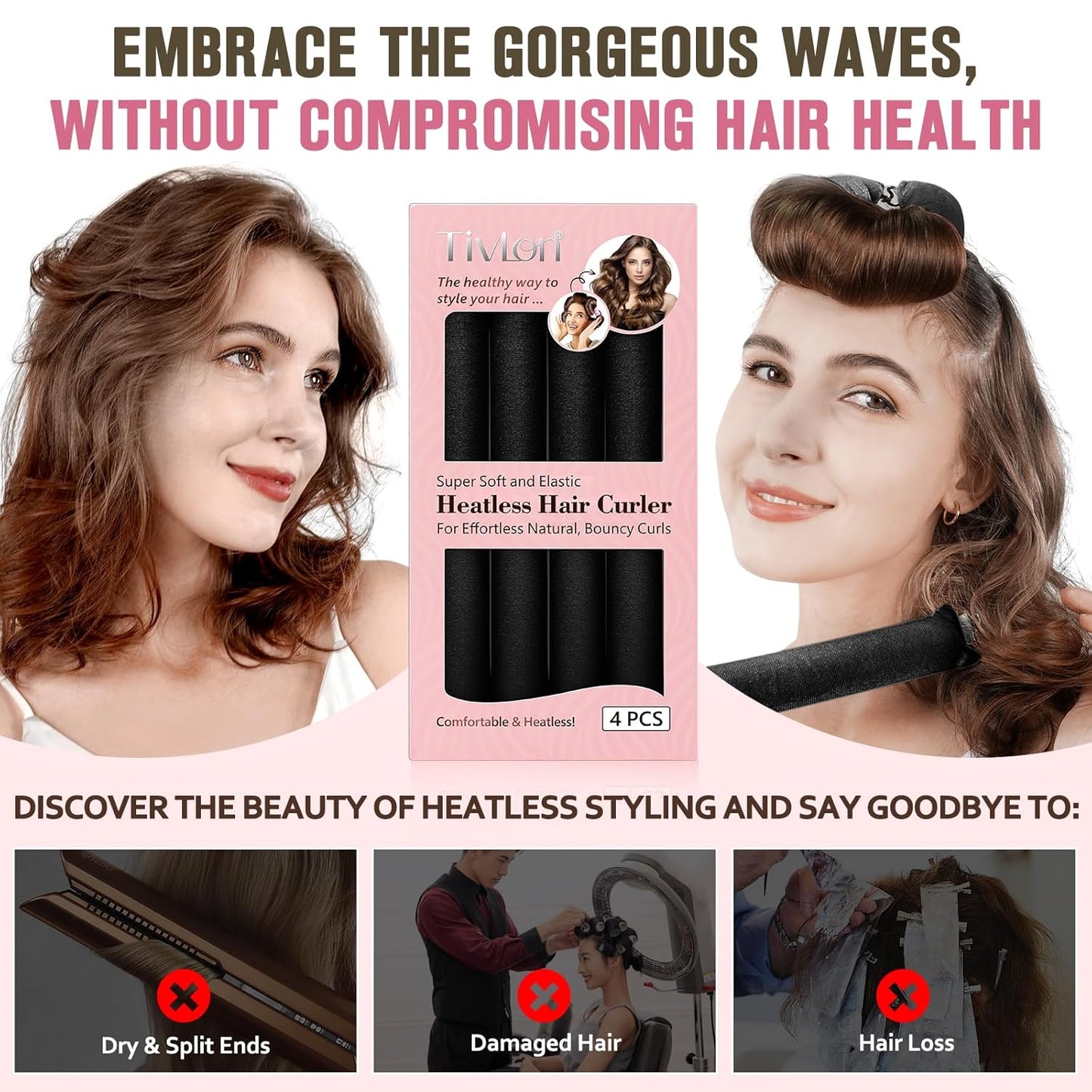 Heatless Curls Overnight, 4 Pcs No Heat Curling Blowout Rod, Satin Blowout Look Heatless Hair Rollers, Soft Flexi Rods for Big Curls to Sleep In