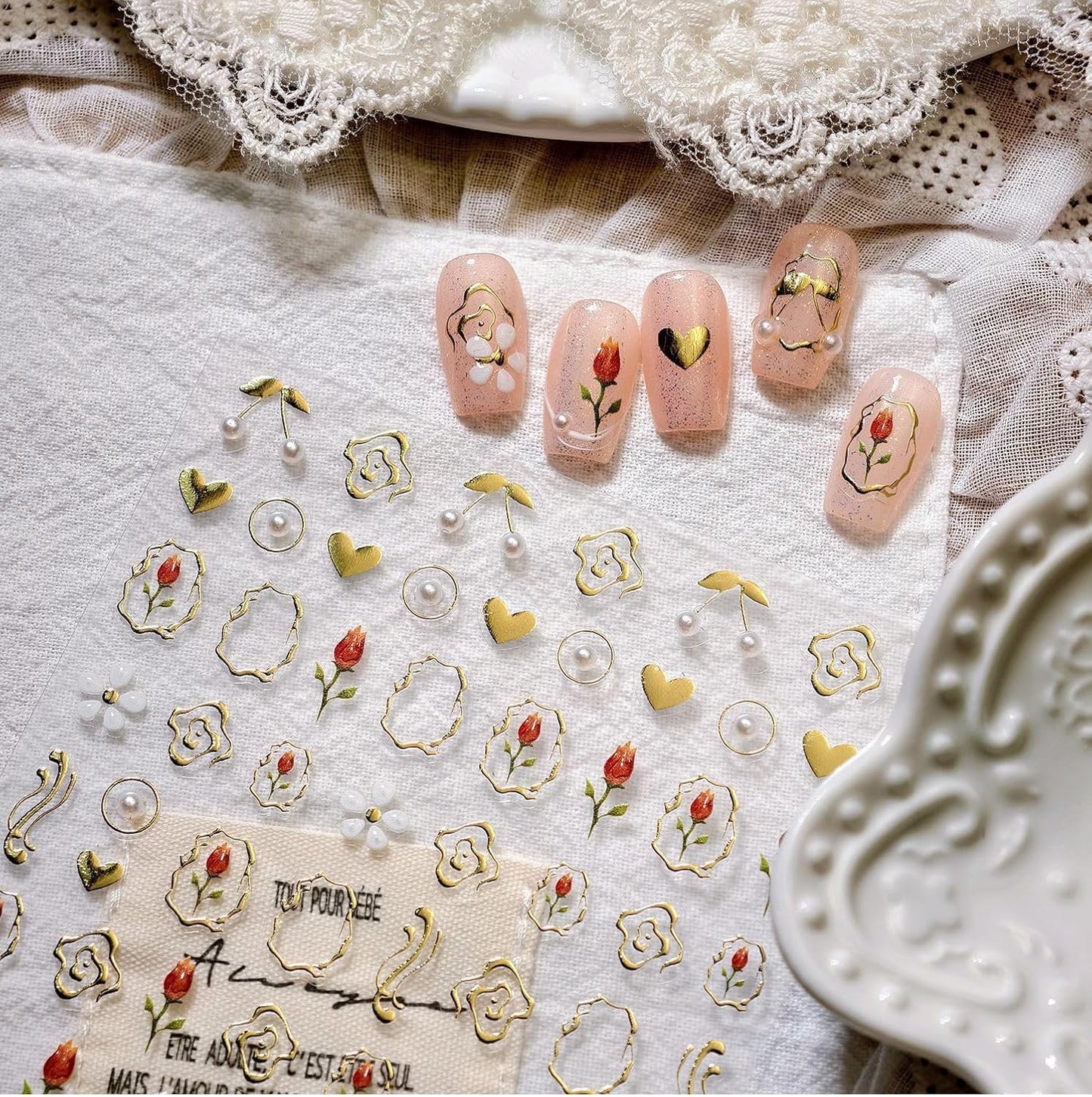 Tulip Nail Art Stickers 5D Embossed Flower Pearl Cherry Nail Stickers, Self-Adhesive Durable Nail Art Decals for Women Girls, Nail Wraps Decoration Manicure for DIY Acrylic Nail Accessories