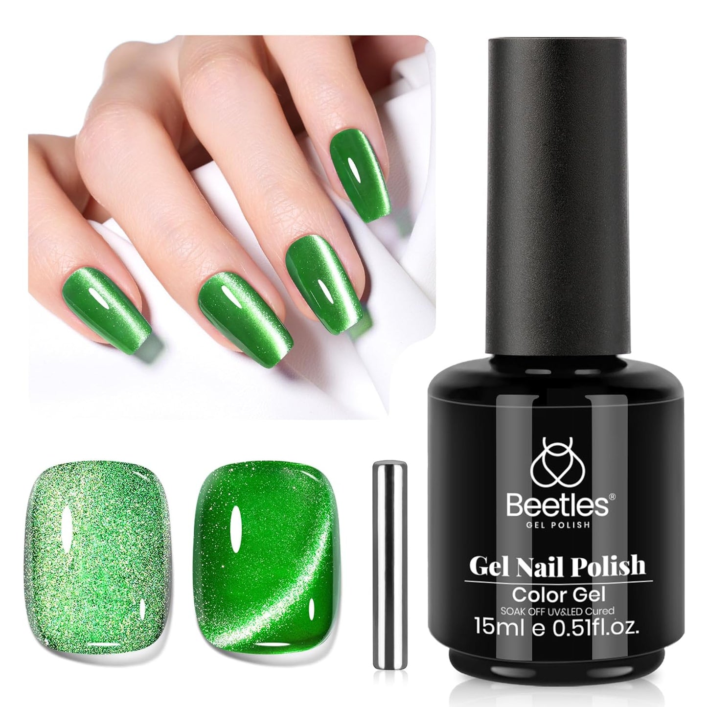 Beetles Green Cat Eye Gel Polish, 15ML Summer Emerald Green Gel Nail Polish with Magnet Soak Off UV Shimmer Velvet Gel Enchanted Glimmer Series French Nail Art Manicure Gifts for Women