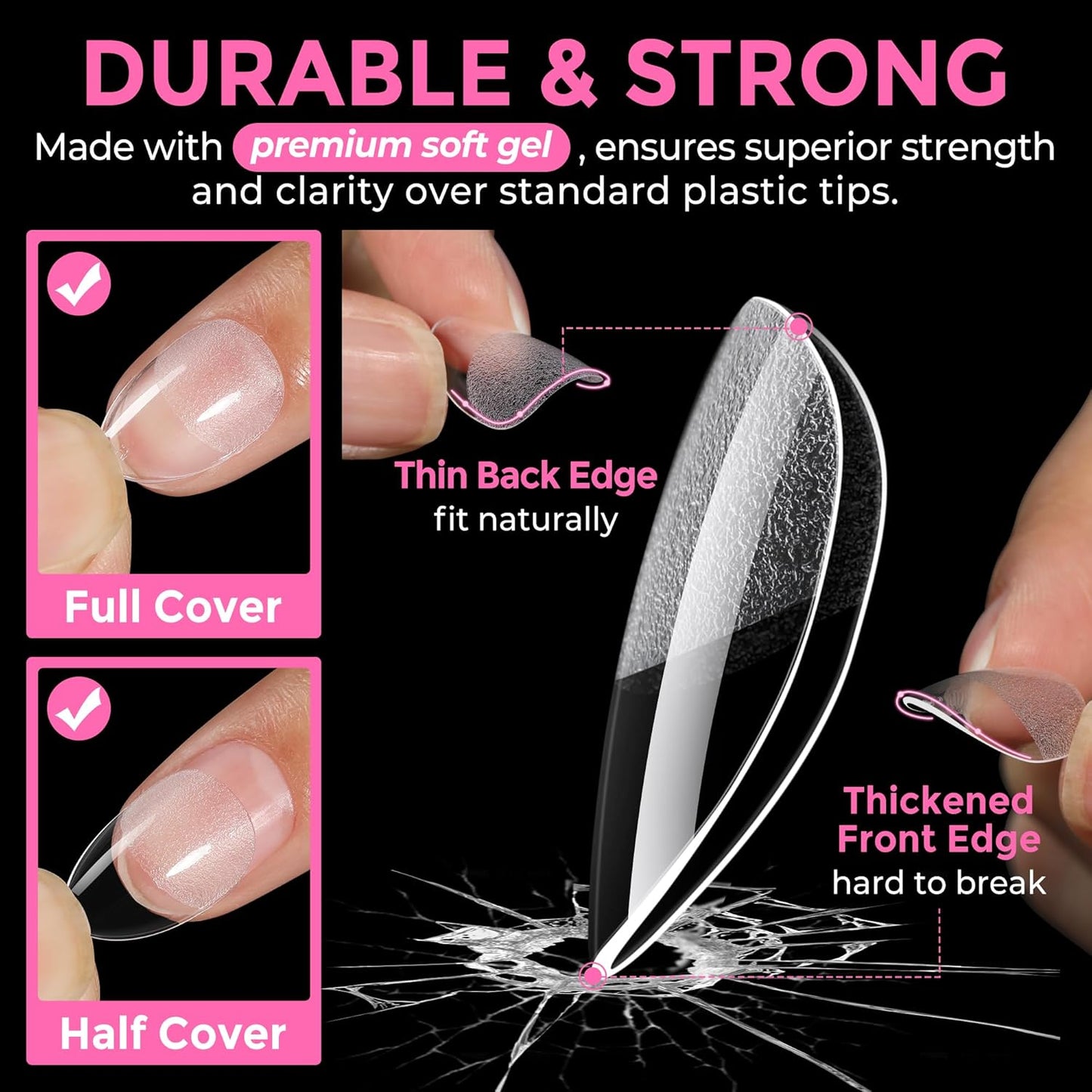 UNA GELLA Extra Short Almond Nail Tips Full Cover 216PCS Gel Nail Tips Short Almond Shaped Nails Tips Soft Gelly Gel Clear Fake Nails Tip for Acrylic Nail Tip Soak Off Home DIY Salon Nails 12 Sizes