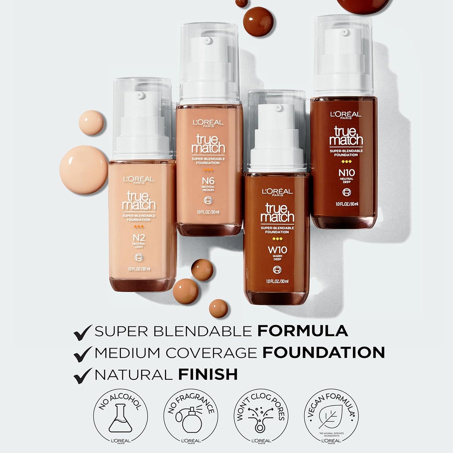 L'Oreal Paris True Match Super-Blendable Foundation, Medium Coverage Liquid Foundation Makeup, W4, Light Medium, 1 Fl Oz