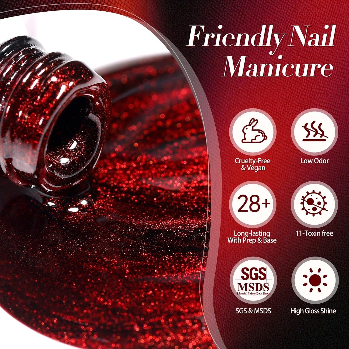 Born Pretty Cat Magnetic Eye Gel Nail Polish, Red Holographic Glitter Shiny Sparkle Crystal Gel Nail Polish Magnetic Nail Polish Salon DIY at Home 15mL
