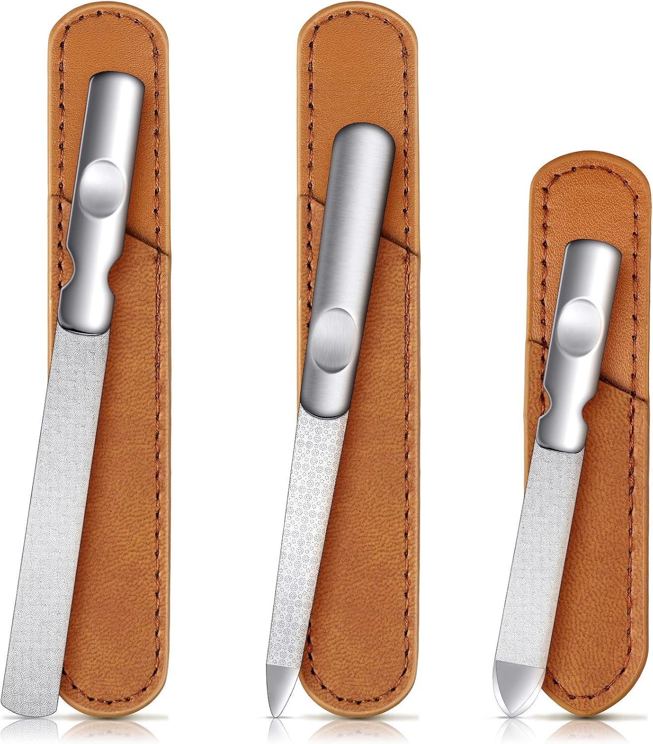 3 Pcs Stainless Steel Nail Files Kit with Leather Case, Double Sided Metal Nail Files with Anti-Slip Handle for Women and Men, Metal File Buffer Manicure Pedicure Tools for Fingernail Toenail(Brown)