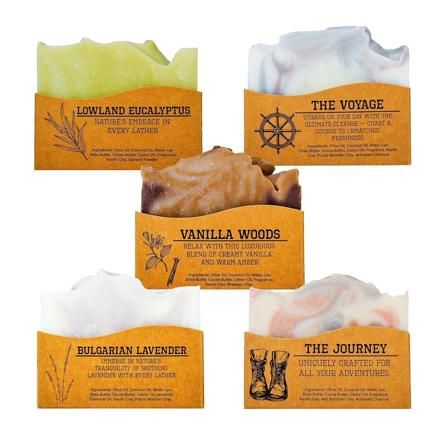 CompassSoap Natural Bar Soap for Women & Men | Skin-Friendly, Hand Made Soap Bar Gift Set | Best Exfoliating and Cleansing Bar Soap for Men & Women | 5 Oz. Variety Pack of 5