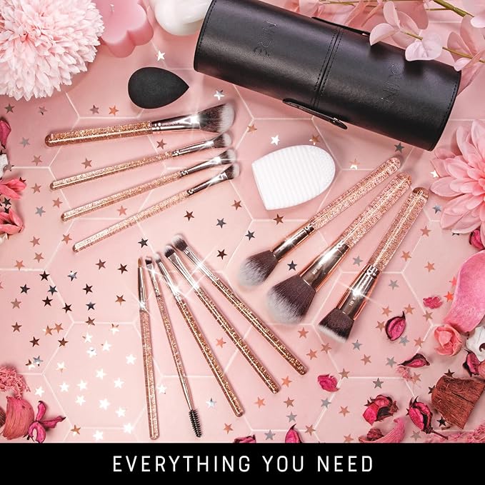 Niré Beauty 15piece Award Winning Glitter Makeup Brushes: Cute Makeup Brushes Set with Case, Beauty Blender, Cleaner, Guide, Gift Box