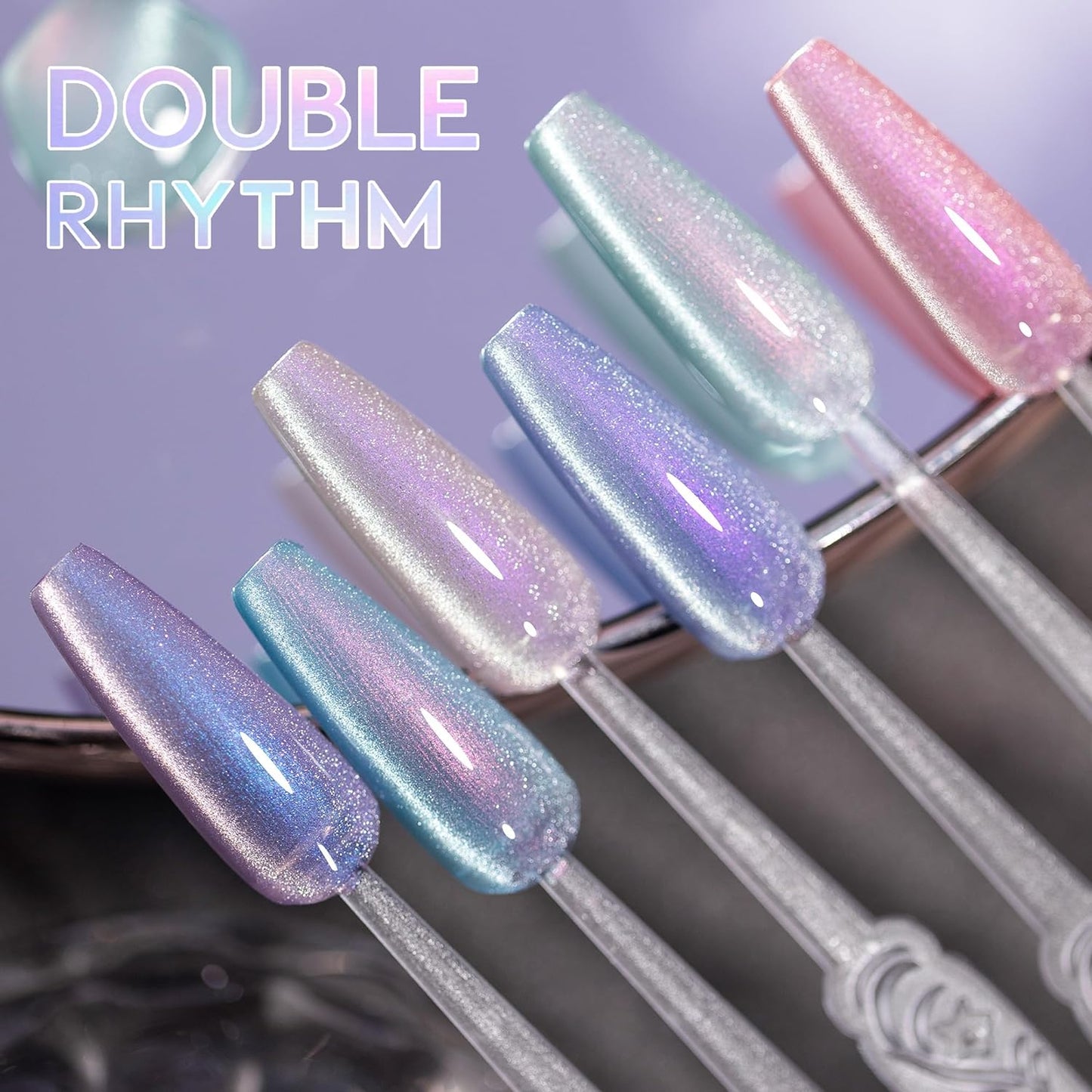 Double Rhythm 6 Colors Cat Eye Gel Polish Set Shimmer Glitter with Magnet Holographic Reflective Magnetic UV Nail Art Kit (6-Kit 11)