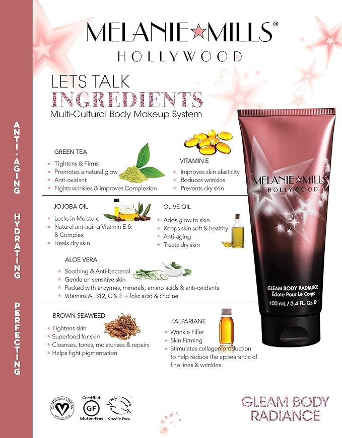 Melanie Mills Hollywood Gleam Body Radiance All In One Makeup, Moisturizer & Glow For Face & Body - Opalescence, Mini 1 fl.oz.