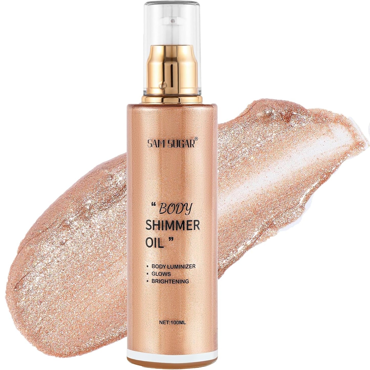 Shimmer Body Oil, Long Lasting Moisturizing Body Glow Oil for Women Face Luminizer Highlighter Makeup 100ml Glitter Shimmer Lotion for Glow Skin (Light Rose Gold)