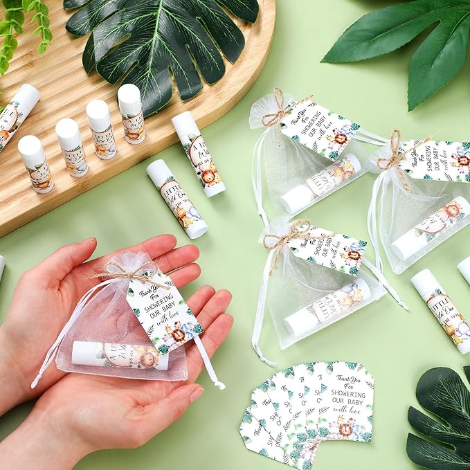 Dunzy 50 Pack Baby Shower Party Gifts Favors Bulk Lip Balms for Guests Boys Girls Games Neutral Gender Reveal Favors Baby Shower Prizes Souvenirs Bags Stuffer(Jungle Animal)
