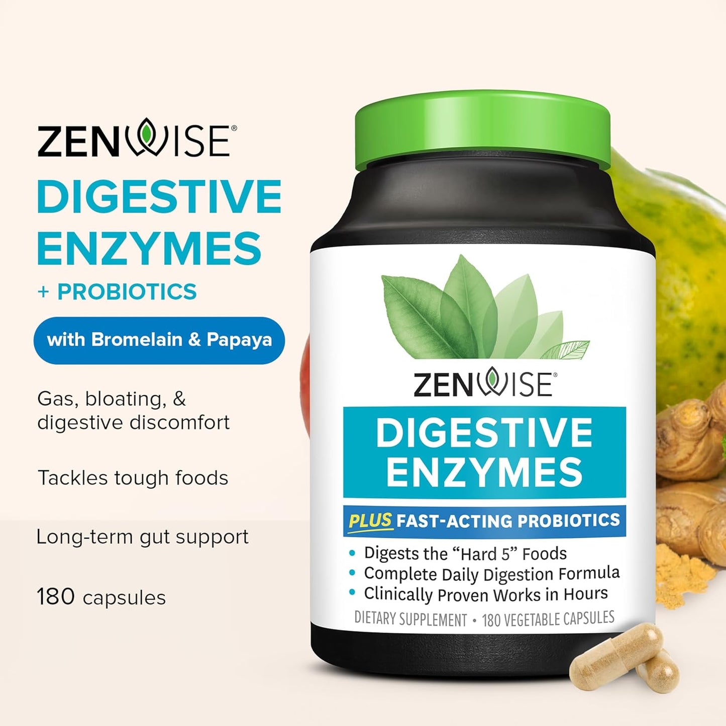 Zenwise Health Digestive Enzymes for Gut Health & Bloating Relief - Multi Enzymes Digestion Supplement with Probiotics, Bromelain & Papaya for Digestive Health Support - Men & Women - 180 Count