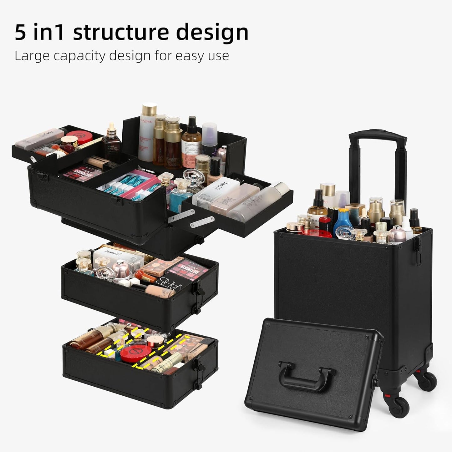 Rolling Makeup Case, Makeup Train Case with Lid, 5 in 1 Cosmetology Case on Wheels, Christmas Gift, Large Makeup Organizers, Profesional Cosmetic Case for Salon Barber, Black