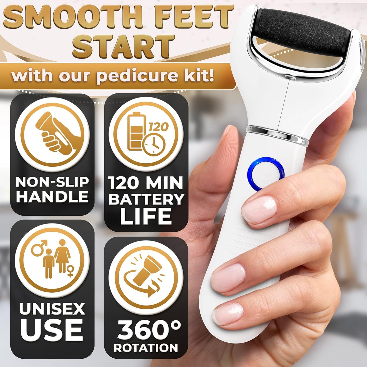 Rechargeable Electric Foot Callus Remover Tool – 3-Speed Foot Sander (1800/2200/2800 RPM), Electric Callus Remover for Feet, Pedicure Tools for Feet – 2000mAh, 120 Min Runtime, 2 Replacement Rollers