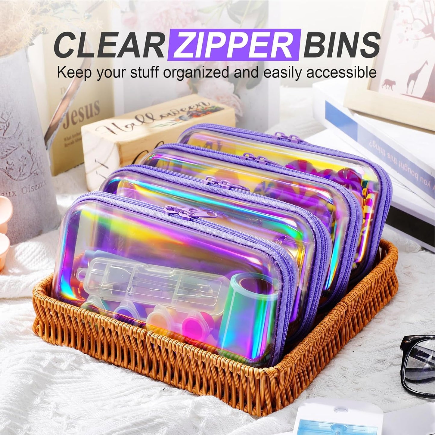 Hoolerry 4 Pcs Hard Clear Zipper Case Makeup Bags Plastic Pencil Pouch Transparent Storage Box Containers for Cosmetics, Snacks, Building Blocks, Puzzles(Purple Laser,7.5 x 3.9 x 2 in)