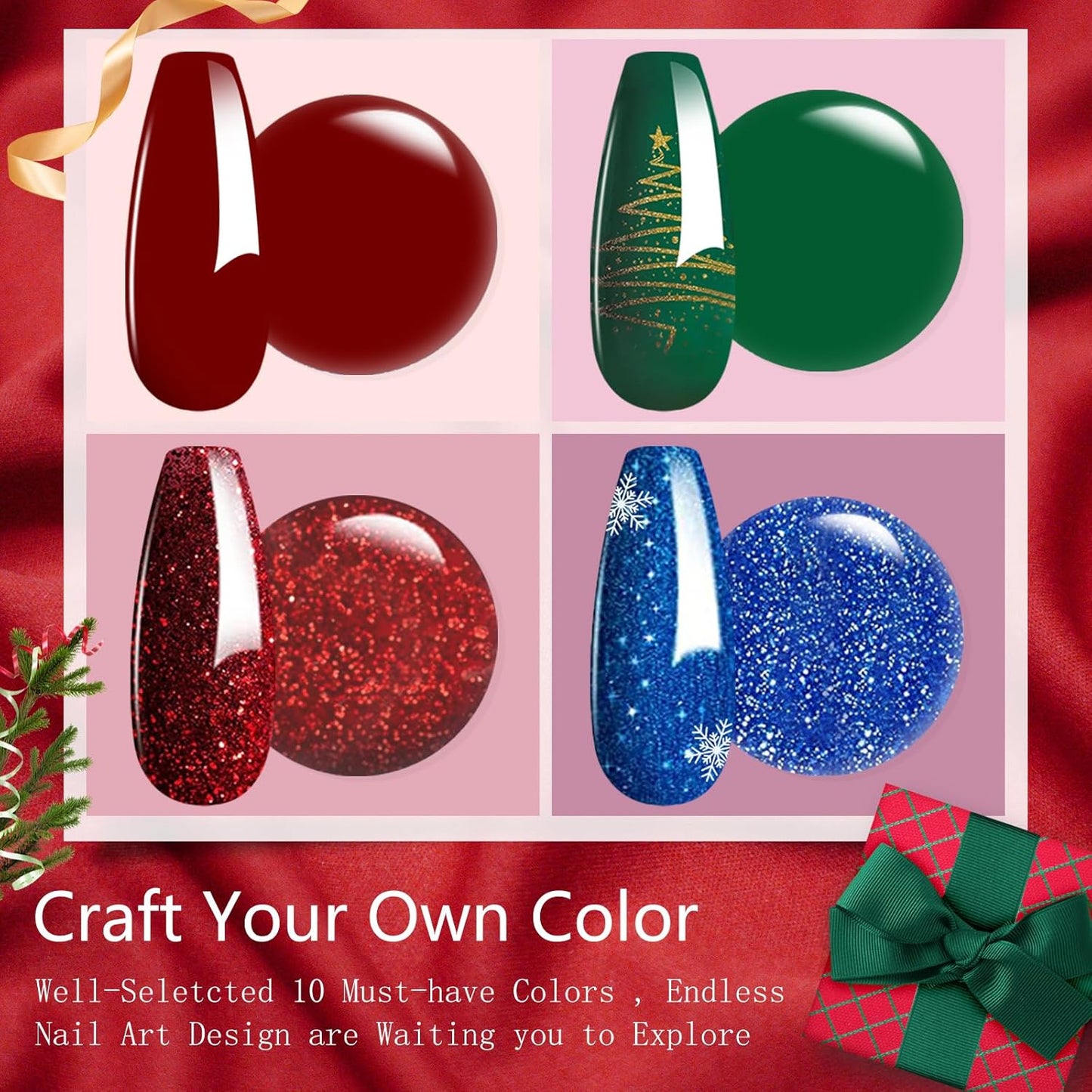 Honey Joy Dip Powder Nail Kit Starter, 4 Colors Christmas Glitter Red Green Blue Dipping Powder Liquid Set with Base Top Coat for Nail Art Manicure Salon DIY, Dip-7pcs-No.15