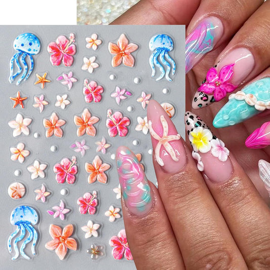 Summer Nail Art Stickers Decals Starfish Jellyfish Flower Nail Stickers Self Adhesive Nail Design 5D Embossed Nail Decals Ocean Theme Summer Manicure Sliders Accessories for Women DIY Nails Decoration