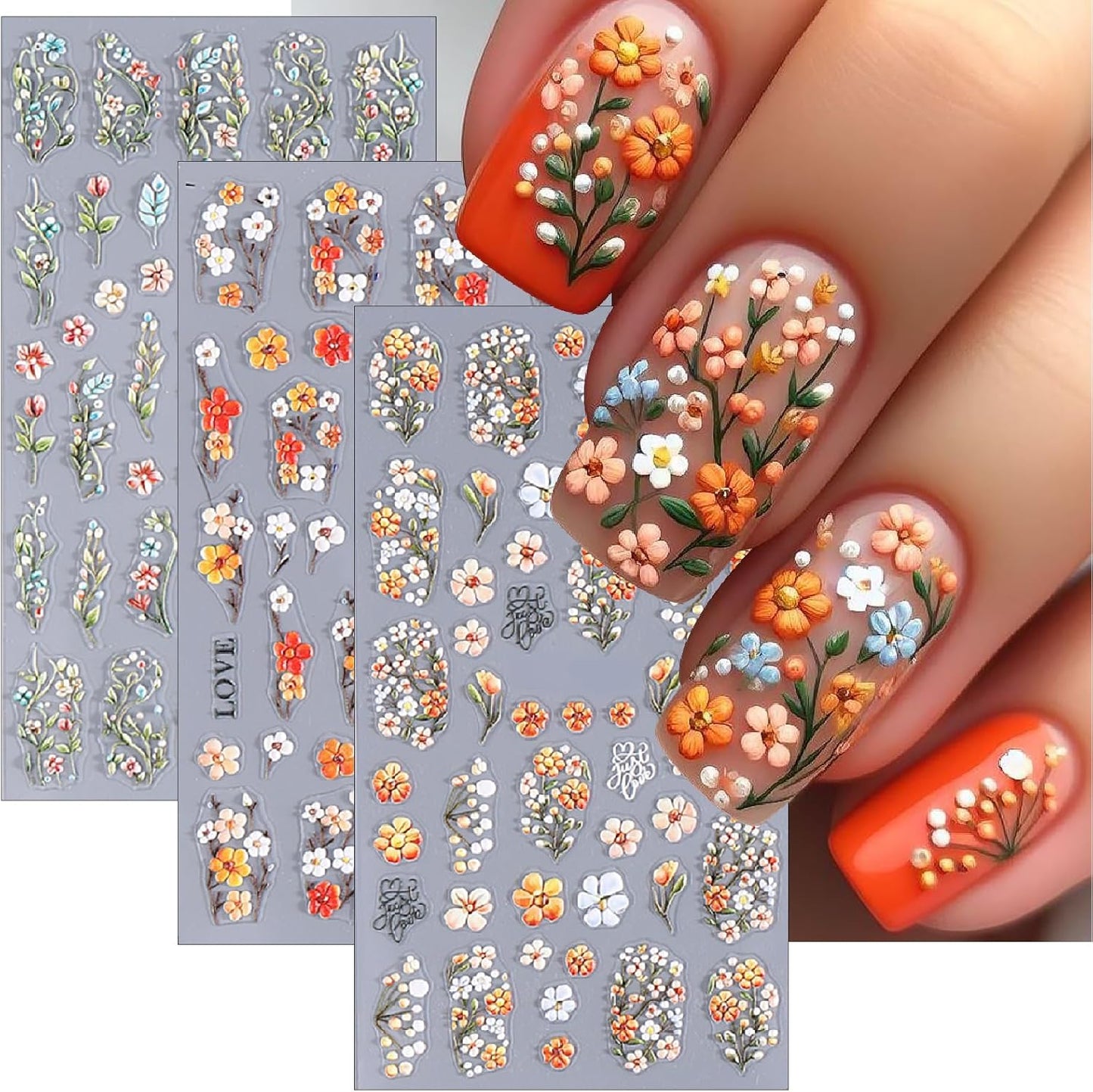 5D Embossed Nail Stickers 3Pcs Summer Colorful Flowers Leaves Nail Stickers for Nail Art Spring Floral Leaf Plant Self-Adhesive Sliders Nails Decals for Women and Girls Manicure Decoration Supplies