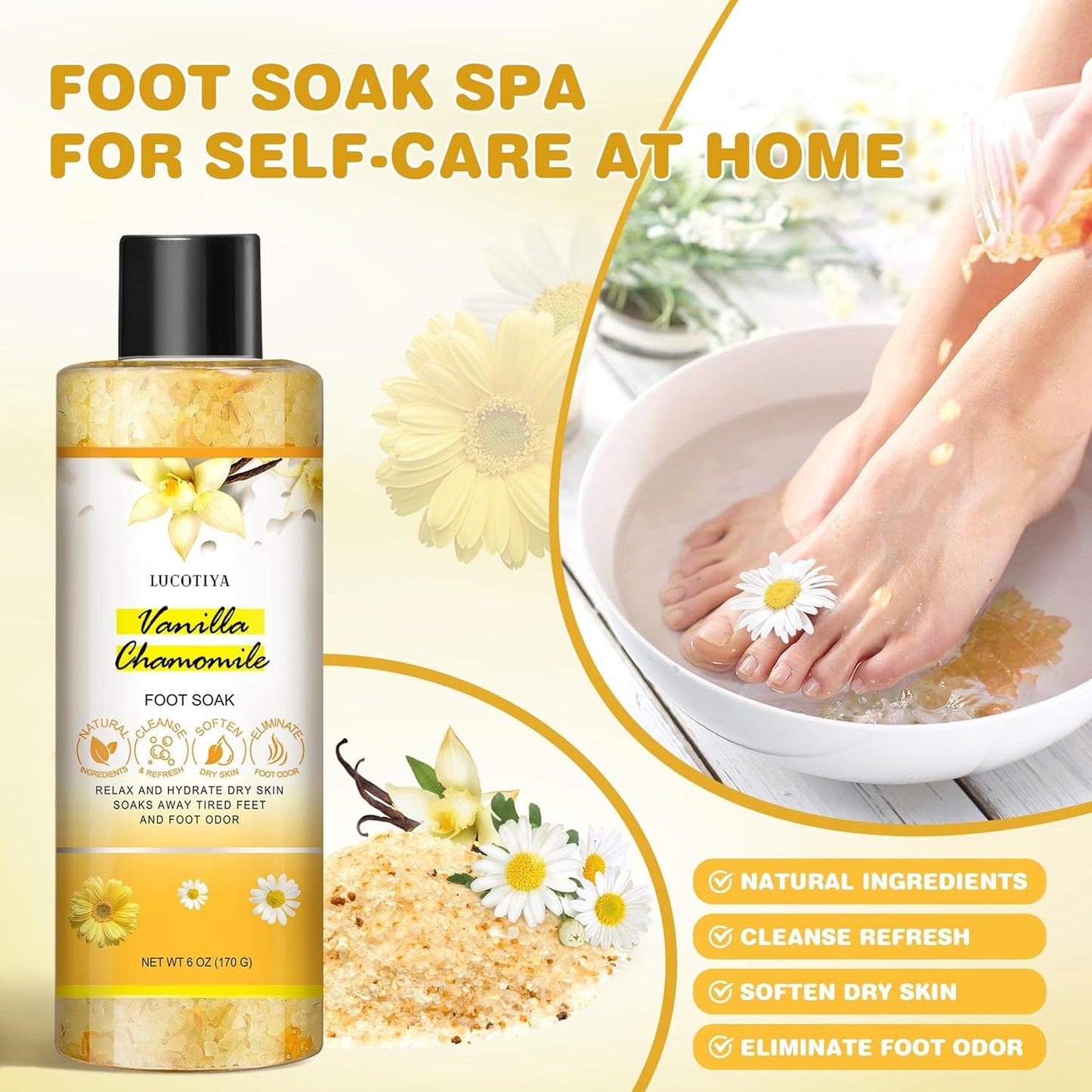 LUCOTIYA Foot Soak Set Pedicure Kit, Vanilla chamomile Foot Soak Salts,Foot File,Foot Scrub & Urea Foot Cream,Pedicure Supplies for Dry Cracked Feet for Women
