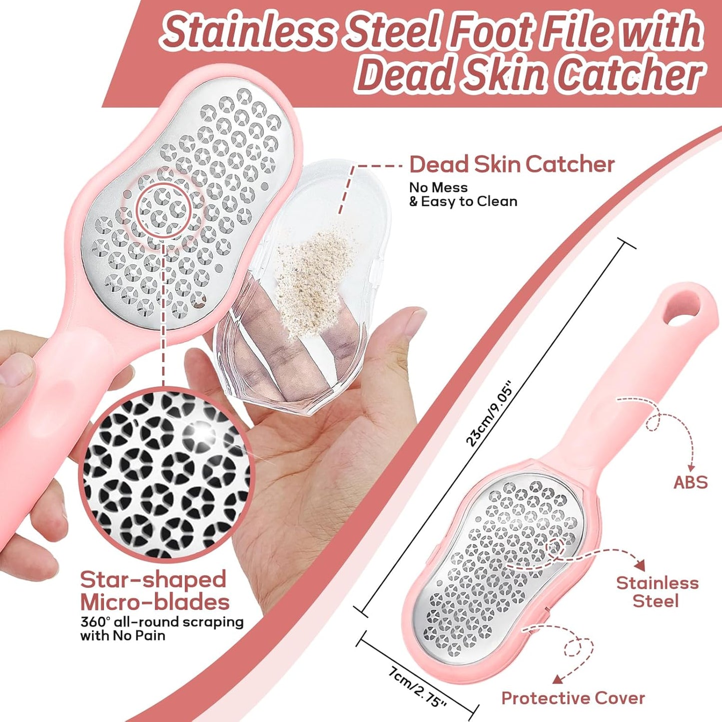 New Foot Brush & Foot File Set(2PCS), 3-in-1 Foot Scrubber in Shower, 10.2’’-27.5’’Adjustable Long Handle Foot Scrub Brush and Upgrade Foot File Callus Remover, Gift-Box Packed(Pink+Foot File)
