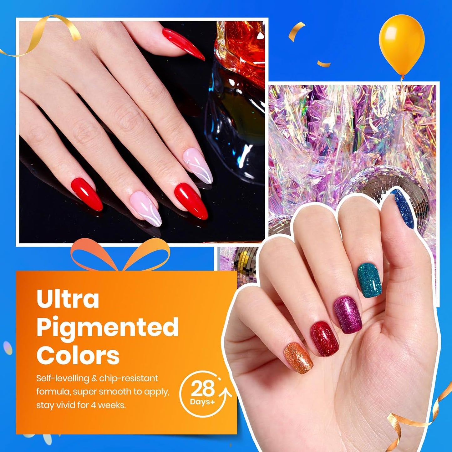 Beetles Christmas Gel Nail Polish Set, Glitz Galaxy Gel Polish Kits, 44Pcs Burgundy Red Gold Green Silver Blue Pink Sparkle Shade with Base Top Coat Winter Manicure Gift for Women