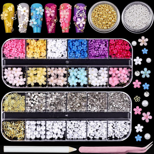 Nail Art Pearls Flatback Rhinestones Flower Nail Charms Gold Silver Beads White Half Round Supplies Luxurious Design Jewelry DIY Crafts Accessories for Women Manicure Decorations