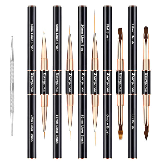 Nail Art Bushes Set, Professional 5Pcs Double-Ended Nail Brush Kit for Details, Long Lines, Ombre & 3D Design-Perfect for DIY Manicures & Salons (Black)