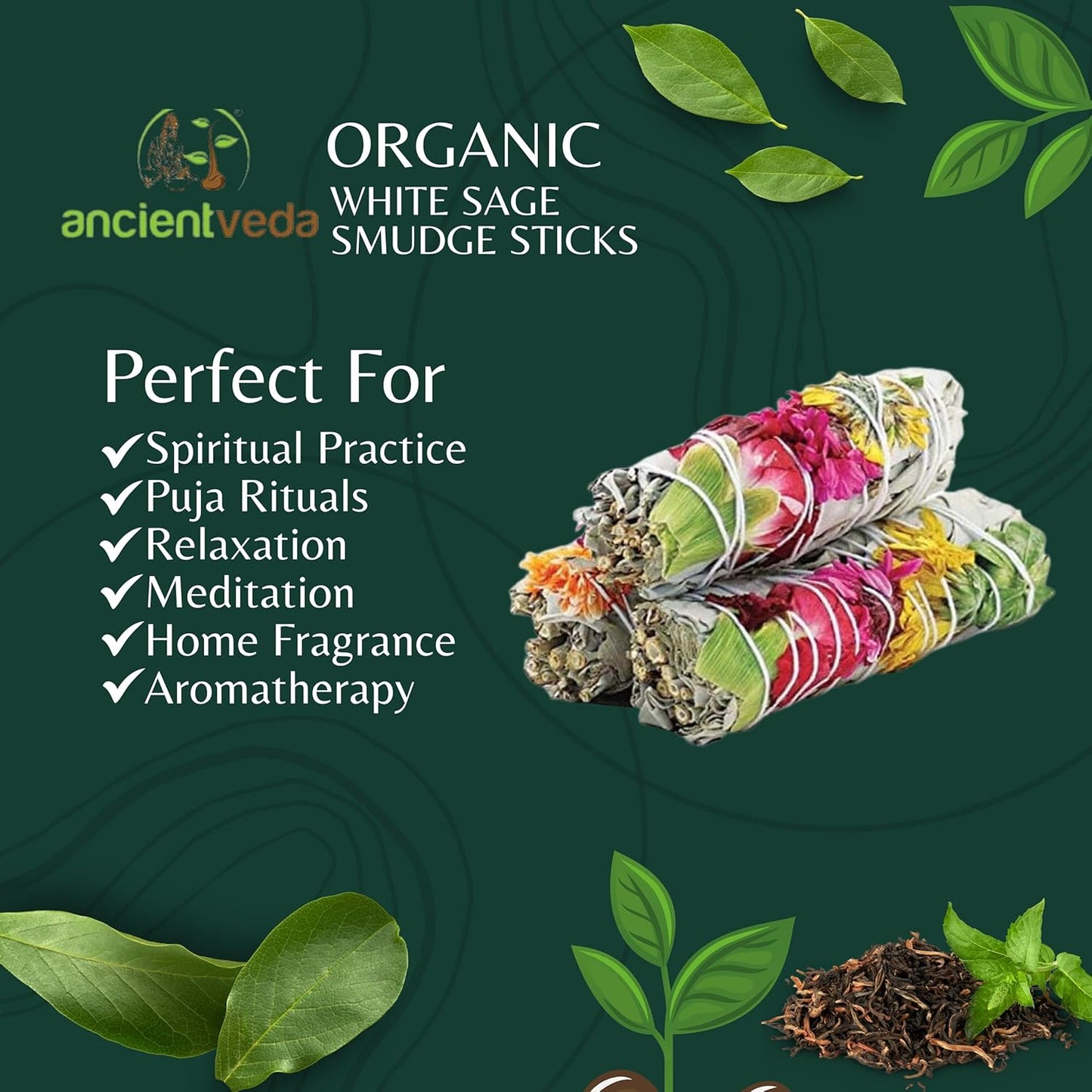 Joy Organic White Sage Smudge Sticks with Flowers for Cleansing Home, Meditation, Yoga, Healing and Smudging | Sustainably Sourced California White Sage Bundles (3 Pack - 9 Inch)