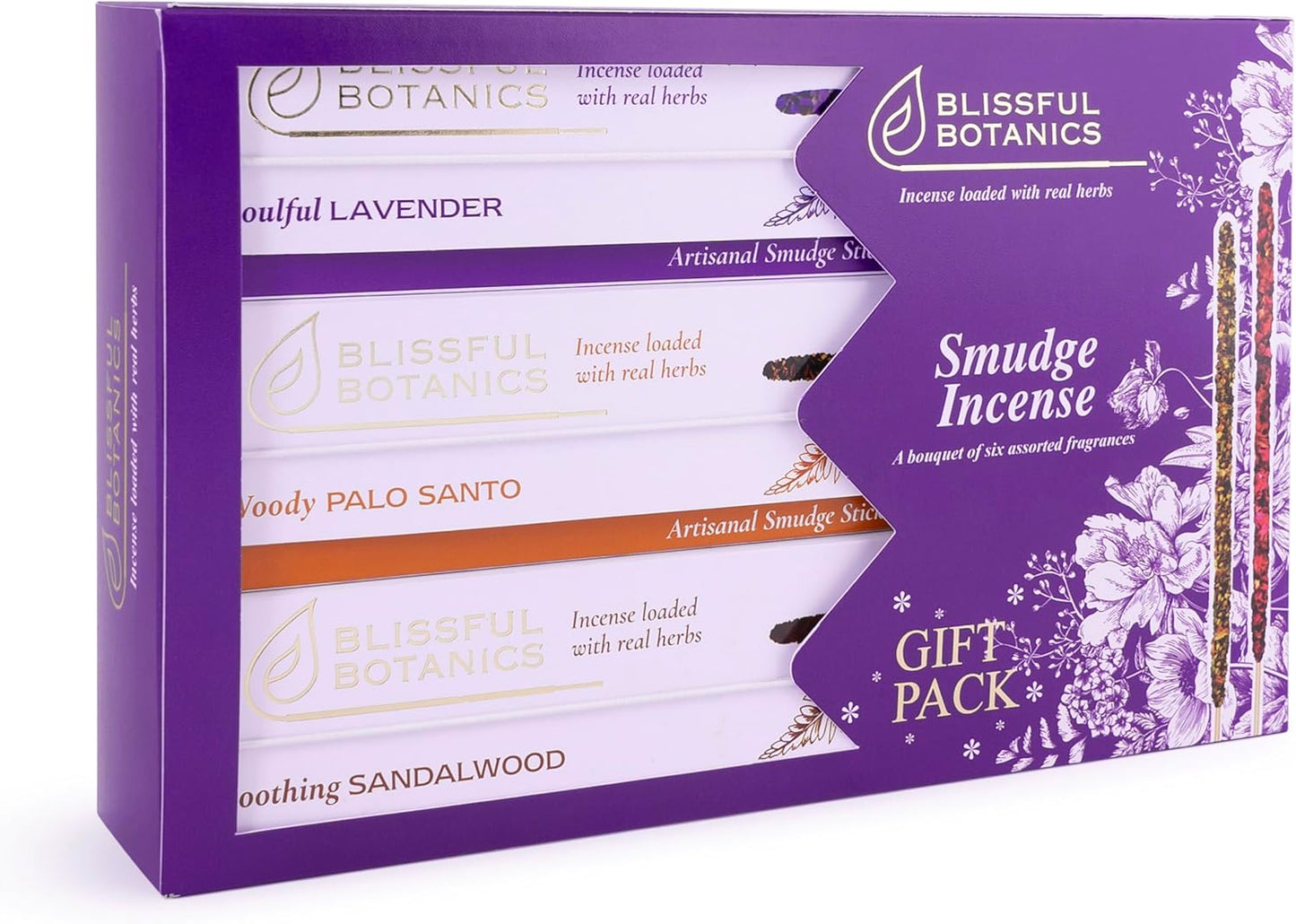Tulasi Smudge Incense Sticks Gift Pack – 6 Scents x 40g Each – White Sage, Palo Santo, Lavender, Frankincense, Sandalwood, Rose – 48 Natural Herbal Incense for Aromatherapy, Yoga, Meditation