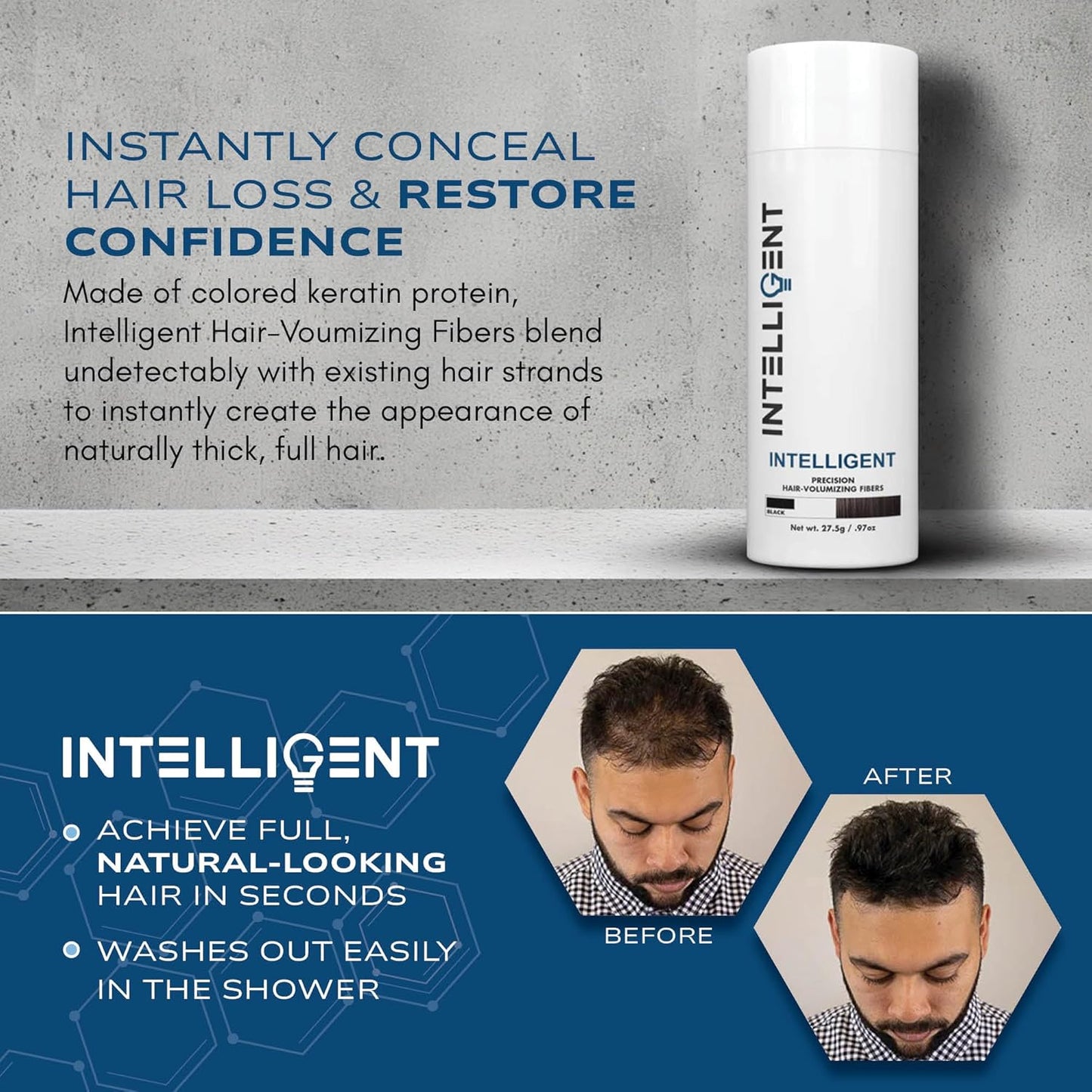 Intelligent Precision Hair-Volumizing Fibers (Black) | Undetectably Fill in Thinning Hair | 6 Shades Designed For Men or Women | 27.5g