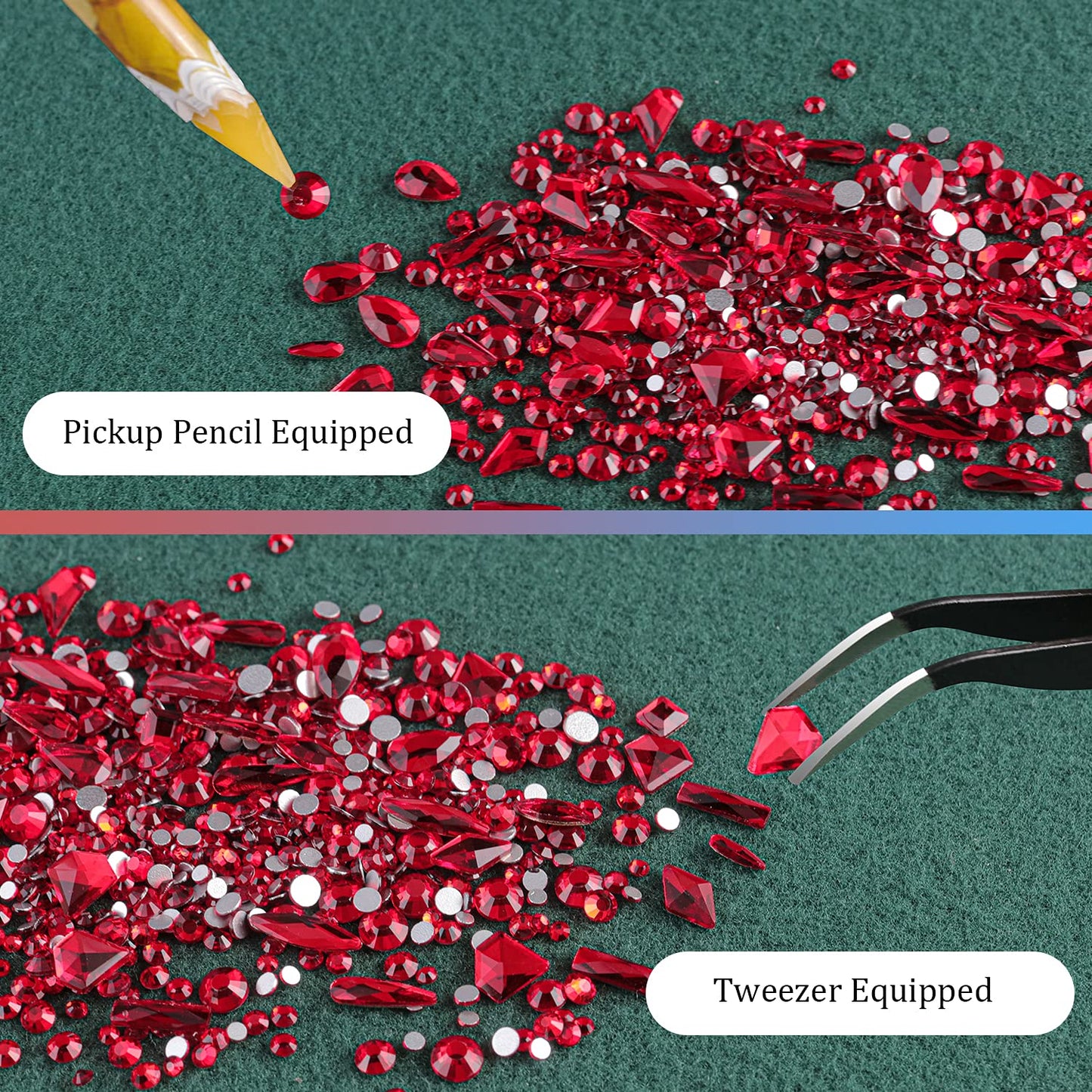 Multi Shapes Red 3D Glass Crystal Nail Art Rhinestones Kit with Flatback Round Bead Charm Gem Stone Jewelry Diamond with Pickup Pen + Tweezer for Manicure Makeup DIY Craft Decoration