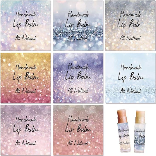 CRASPIRE 80Pcs 8 Styles Lip Balm Sticker Flash Background Self-Adhesive Homemade Lip Balm Labels Vintage Square DIY Label Stickers for Lip Balm Containers Cosmetics Lipsticks