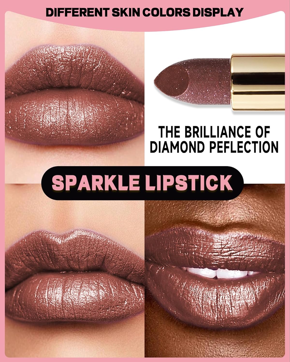 Glitter Metallic Brown Shimmer Lipstick Long Lasting, Glitter Diamond Shine Nude Red Lipstick Transfer Proof Non-Stick Lip Gloss Shimmer Highly Pigmented Full Coverage Lip Makeup for Women-08