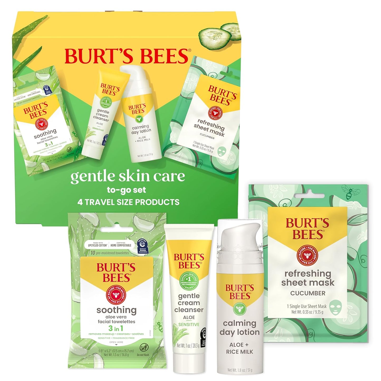 Burt's Bees Gentle Skin Care To-Go Set, Includes Cleanser, Towelettes, Lotion and Sheet Mask, Travel Size Facial Skin Care Products for Sensitive Skin, Natural Origin, 1 Gift Set