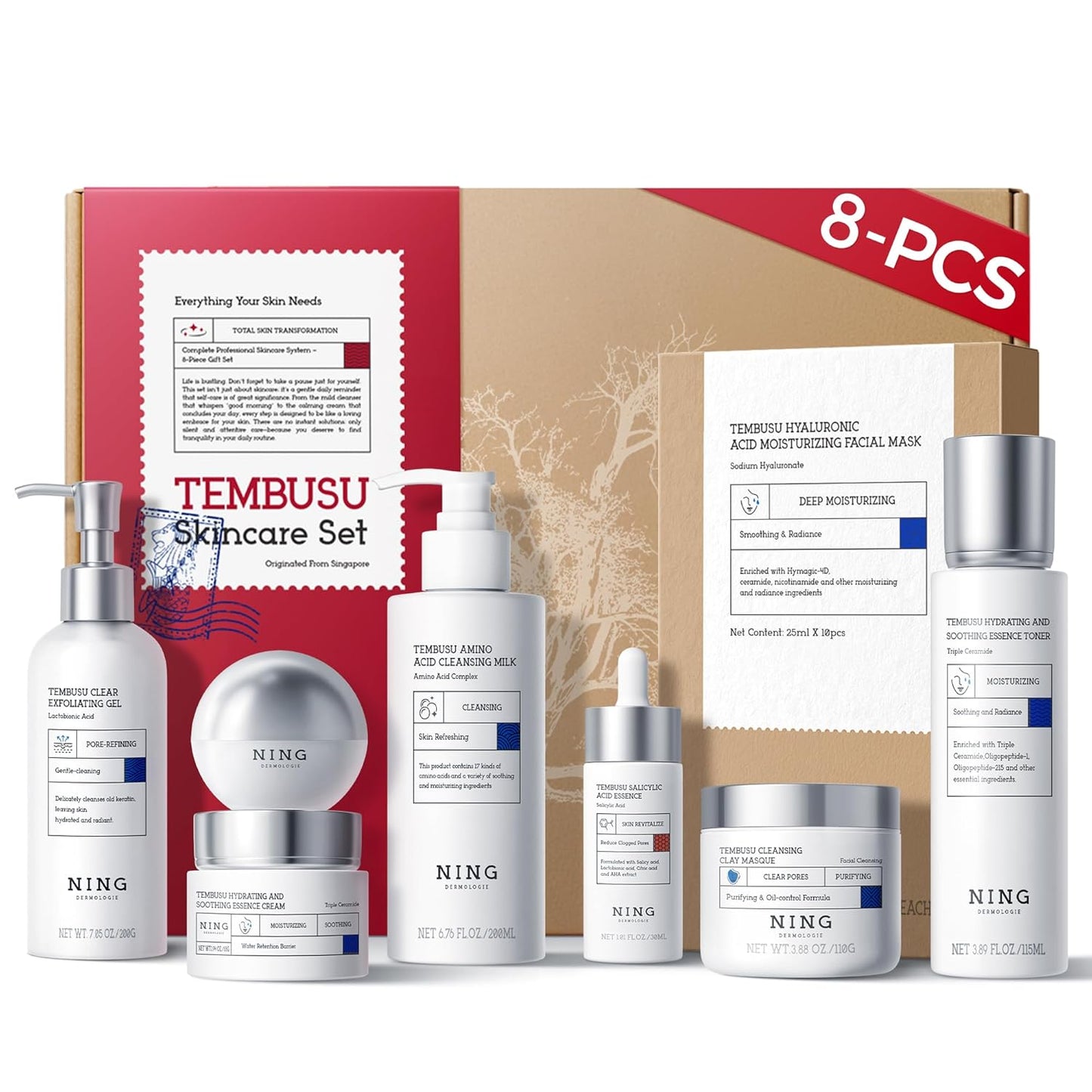 Skin Care Set – Tembusu Essence 8-Step Routine with Amino Cleanser Clay Mask Toner Salicylic Acid Serum Cream Eye Treatment – Hydrating Moisturizing Anti-Aging All Skin Types
