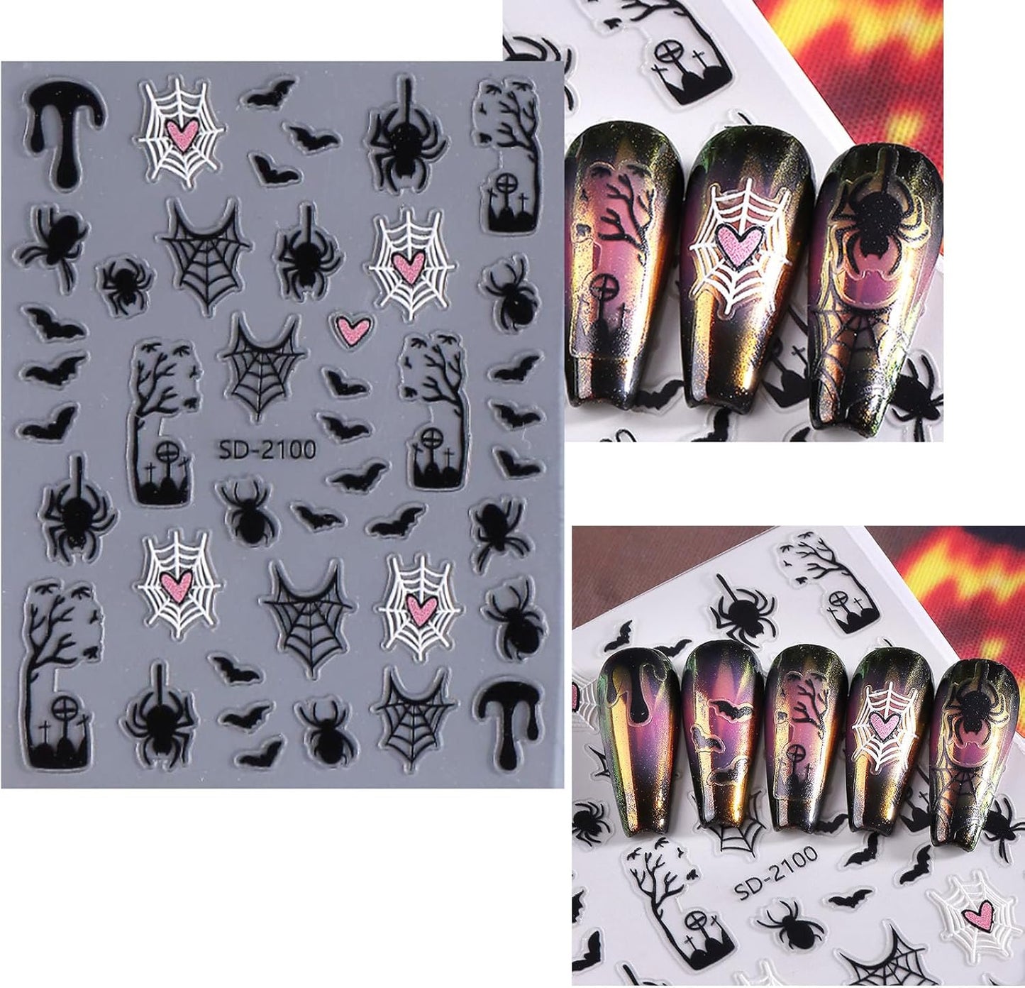 Halloween Nail Stickers Cute Ghost Nail Decals 5D Self Adhesive Pumpkin Spider Web Bat Blood Drop Stars Moon Nail Art Design Stickers for Women Girls 6 Sheets