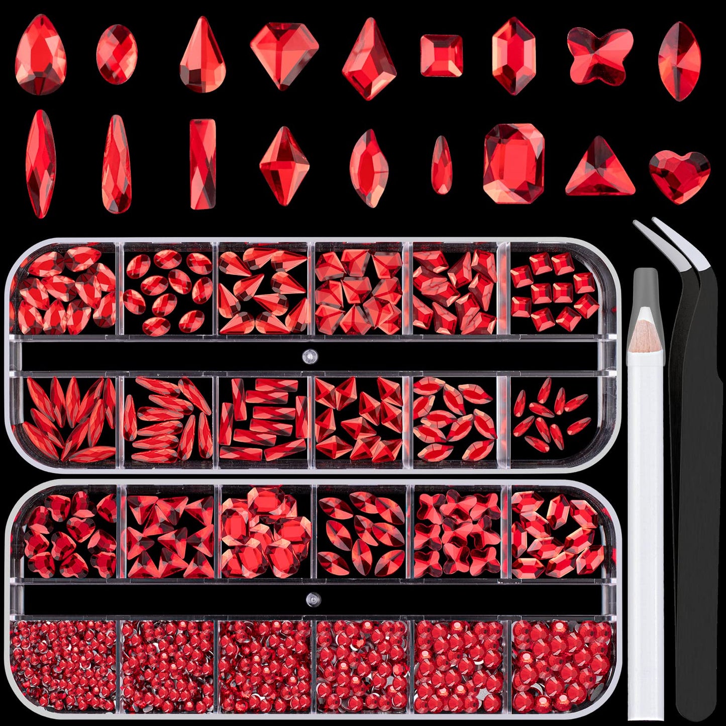 18 Styles Multi-Shaped Glass Gemstones for Nails and 6 Sizes Round Crystal Rhinestones Kit #3, Red Nail Art Charm Bead Manicure Decoration with Pickup Pencil and Tweezer
