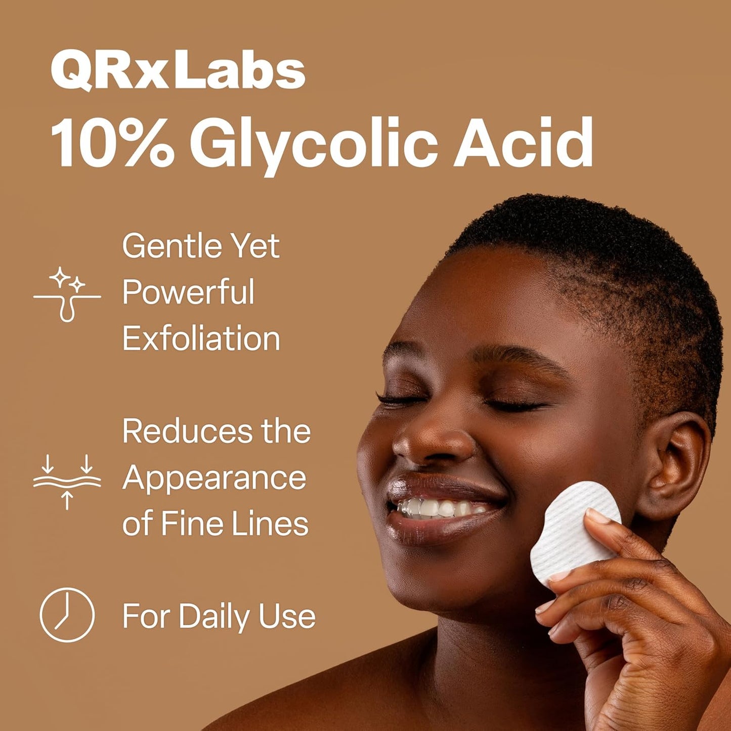 QRxLabs Glycolic Acid Pads - 50-Count Jar, 10% Glycolic Acid - AHA Resurfacing Peel & Exfoliating Face Pads - Alcohol-Free Rinse-Free With Vitamins B5, C & E & Green Tea Extract
