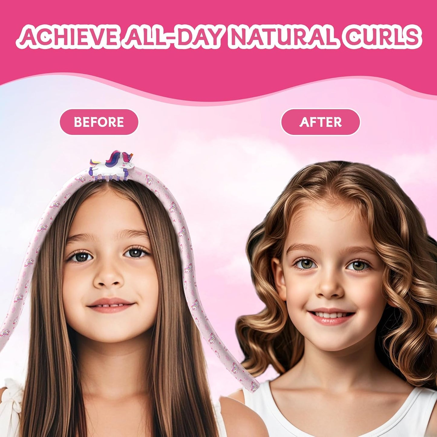 Girls Heatless Curls Overnight, Kids Unicorn Hair Rollers with Hair Clips, Hair Accessories for Little Girls & Teenage & Sister, Birthday Gifts Trendy Stuff - Pink