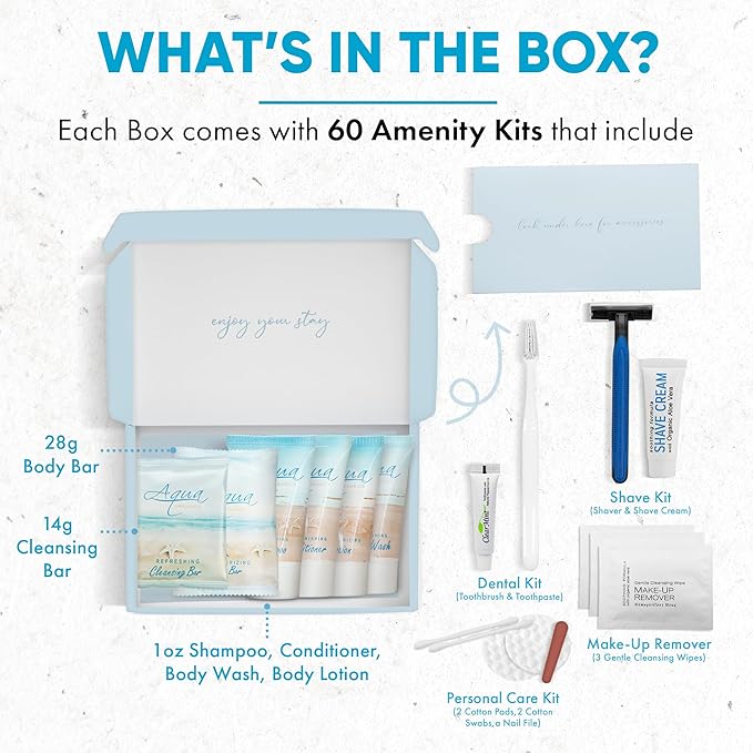Aqua Organics Amenity & Accessory Kit|1oz Travel Size Shampoo,Conditioner,Lotion,Body Wash,Body Bar, Cleansing Bar, Shave & Dental Sets, Make-Up Remover Wipes & Vanity Kit|60 sets