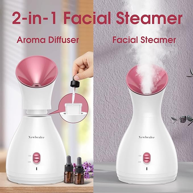 Newbealer 2in1 Facial Steamer, Hot Mist Facial Aromatherapy Humidifier Atomizer, Large Face Steamer Unclogs Pores Sinuses Moisturizing, Home Sauna Spa with Eyebrow Set (Red, 170ml)