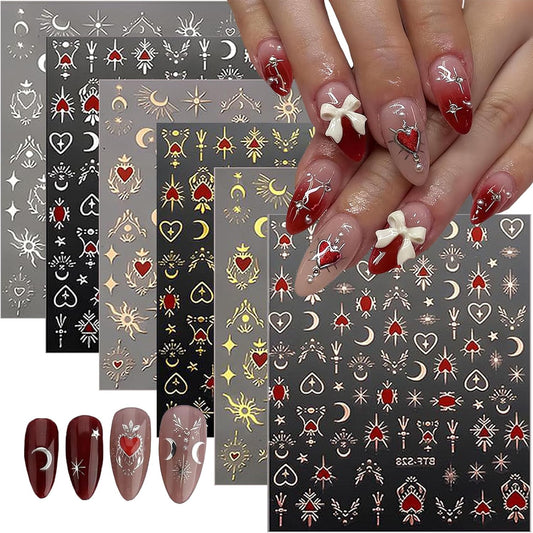 Gold Nail Stickers Decals 12 Sheets Sun Moon Nail Art Stickers Decals 3D Self Adhesive Star Nail Decals Design Heart Nail Supplies Charms for Women Girls Nail Art Manicure Decoration