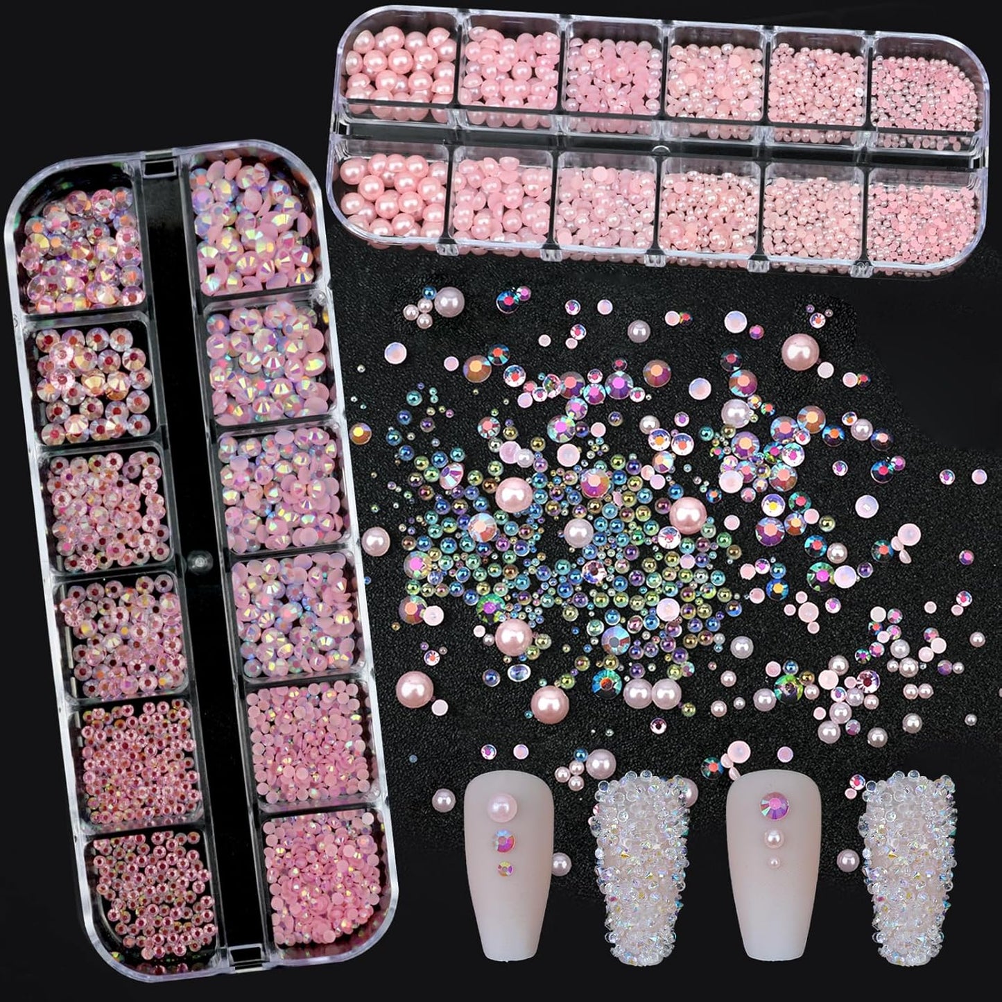 Nail Art Rhinestones Pink Nail Charms Resin Clear Jelly Rhinestones Pearls Glitter Supplies Crystal Gems Bubble Bead Accessories for Women Manicure Decorations Design