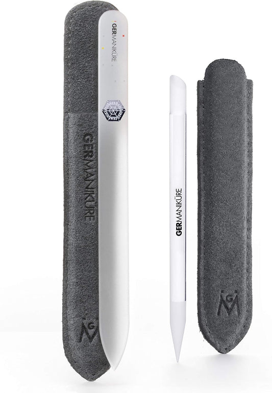 GERMANIKURE Crystal Glass Cuticle Stick & White Nail File Set in Suede Sleeves – Handmade in Czech Republic – Professional Manicure Supplies – Cuticle Pusher, Callus Remover - Ideal Nail Care Gift