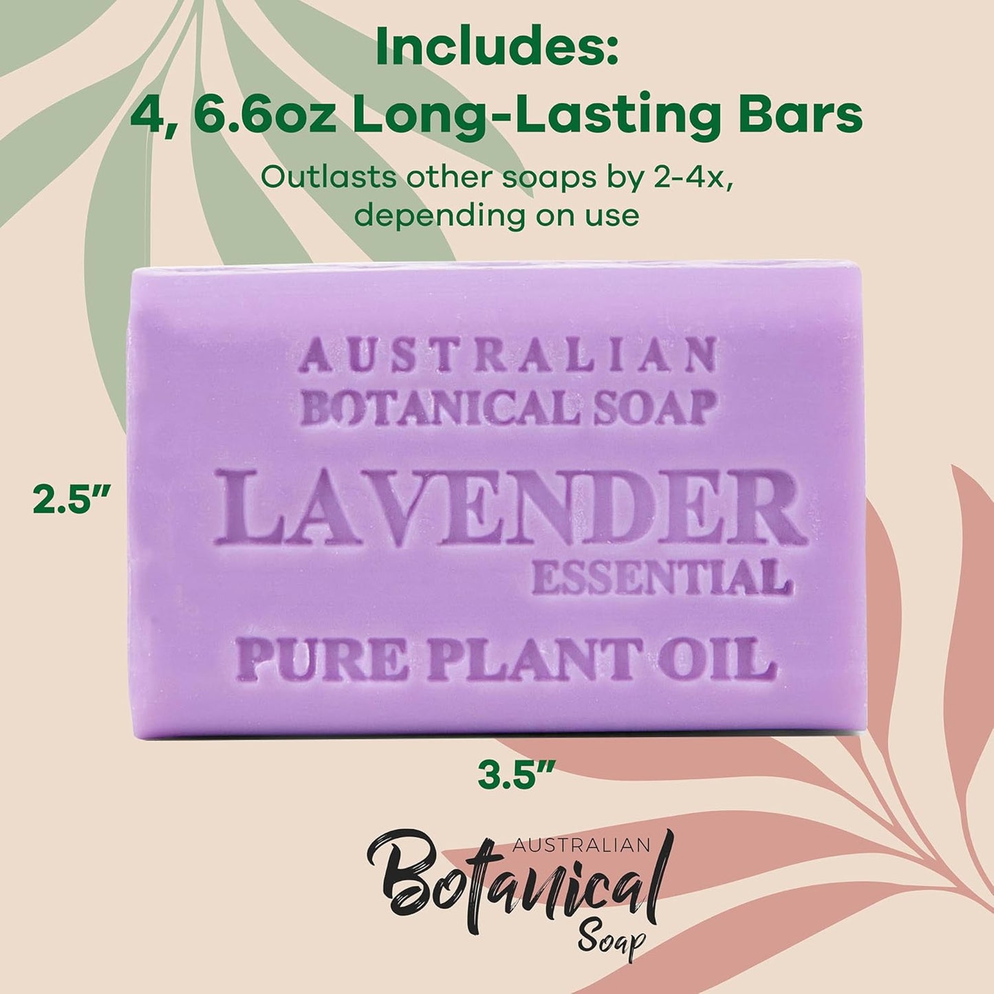 Australian Botanical Soap Lavender with Essential Oil 6.6 oz Luxury Soap Bars Enriched with Shea Butter, Pack of 4, Packaging May Vary